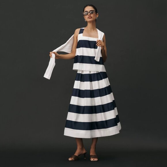 ANTHROPOLOGIE Maeve | Navy Full Striped Midi Skirt | NWT - Picture 2 of 10